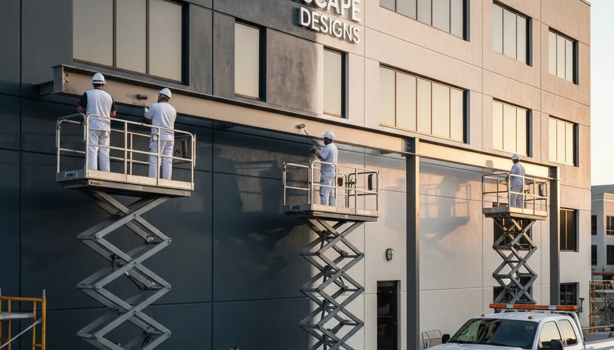 Professional commercial painters coating office exterior in Mesa, AZ for durable sun‑resistant finish