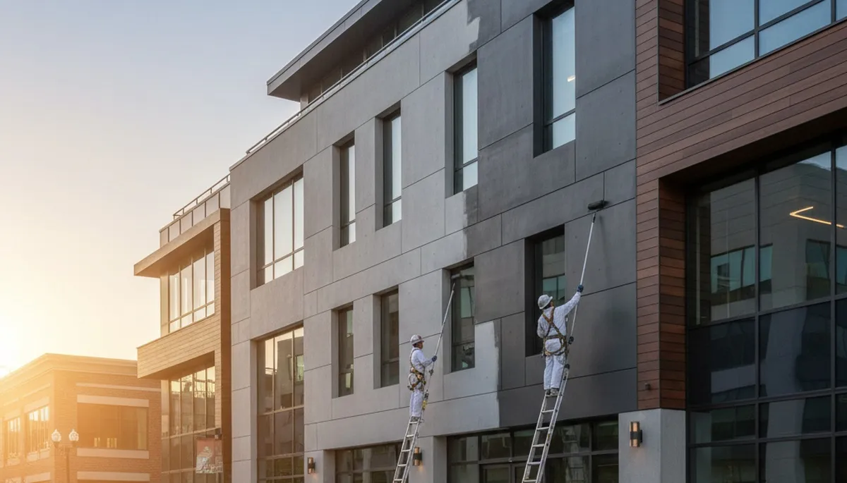 Professional commercial painters working on office exterior in Mesa, AZ