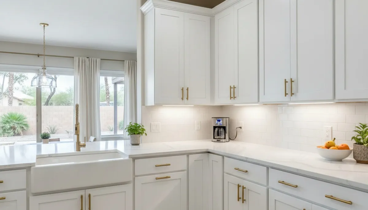 Refinished kitchen cabinets with smooth modern finish by professional painters in Mesa, AZ