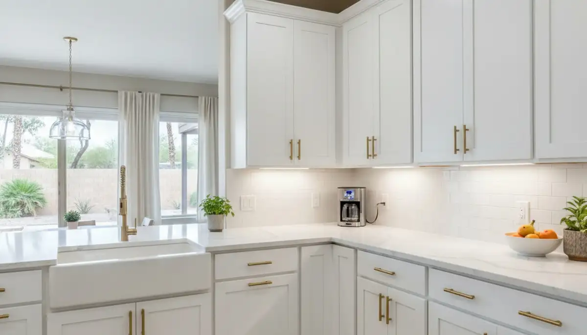 Refinished kitchen cabinets with smooth modern finish by professional painters in Mesa, AZ