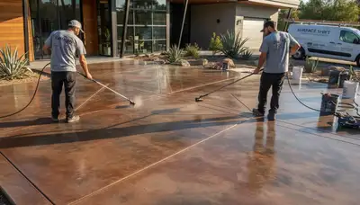 Professional concrete staining on Mesa AZ patio with UV-resistant finish by local house painters