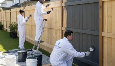 Professional fence painters coating wooden fence in Mesa, AZ for sun-resistant, durable finish