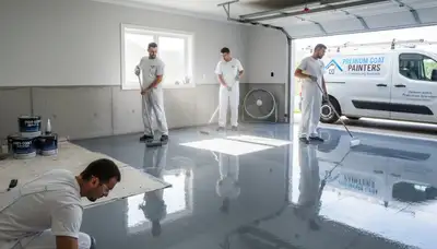 Epoxy garage floor coating in Mesa, AZ with durable, UV-resistant finish applied by professional painters
