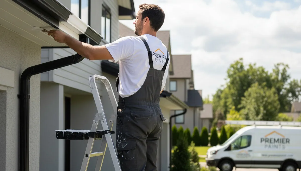 Professional gutter painters coating home exterior in Mesa, AZ for durable weather-resistant finish
