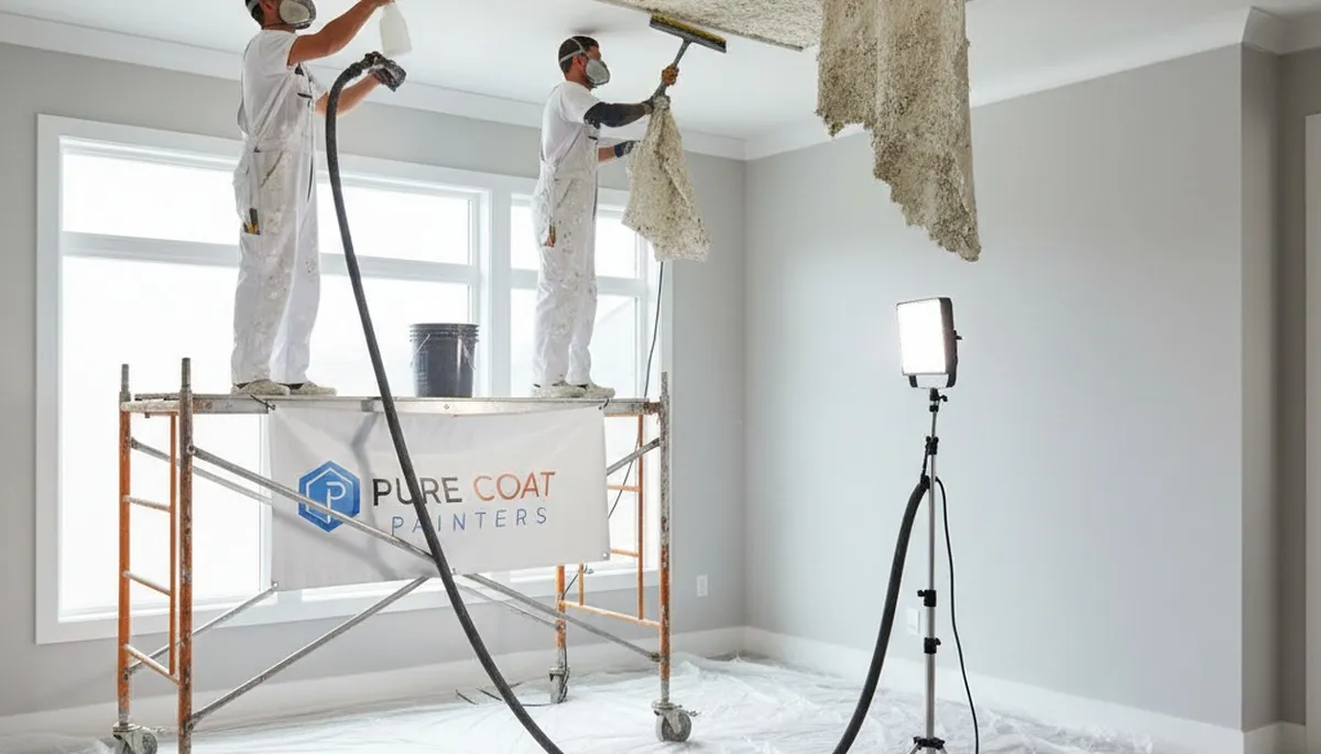 Painter removing popcorn ceiling in Mesa AZ home for smooth modern finish