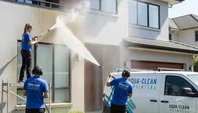 Professional pressure washing a stucco home exterior in Mesa, AZ for driveway and patio restoration