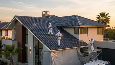 Professional roof painters applying reflective coating in Mesa, AZ to protect homes from desert heat