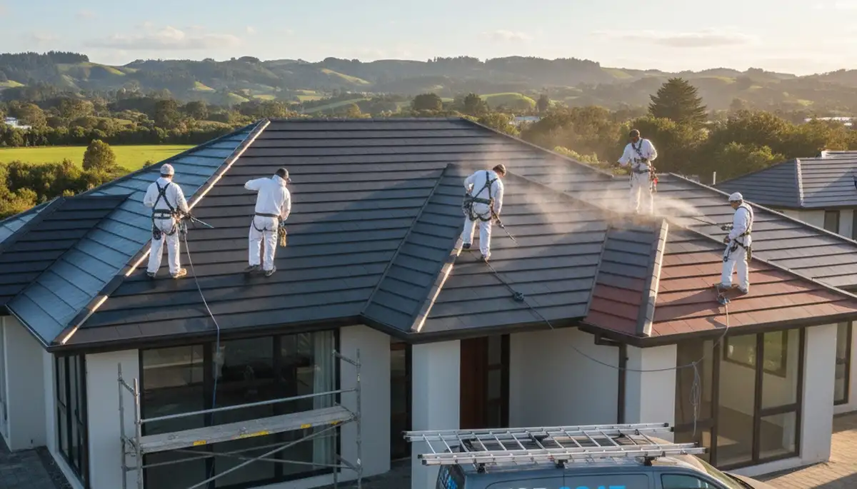 Professional roof painters coating home roof in Mesa, AZ for heat protection and long-lasting finish