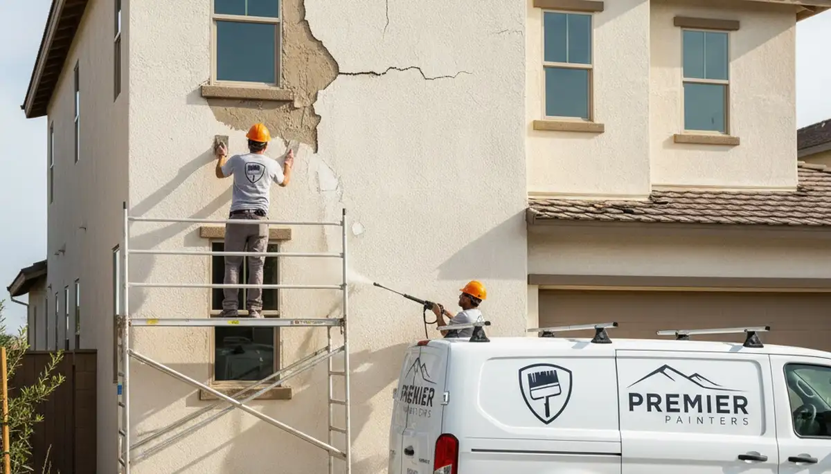Stucco repair experts restoring cracked exterior walls on a Mesa, AZ home