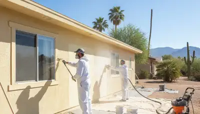 Professional painters sanding exterior walls for surface prep in Mesa, AZ before new durable paint coatings